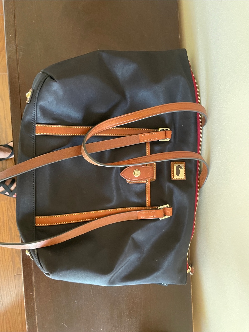 Dooney & Bourke Nylon Tote Shoulder Bag Black Brown Leather Trim Zip Top